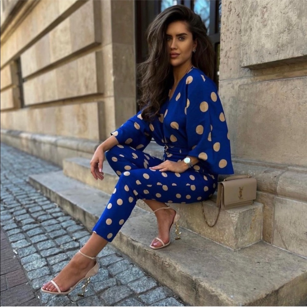 NWT Zara 2 Piece Polka Dot Linen Blouse and Pants Set - Picture 2 of 16